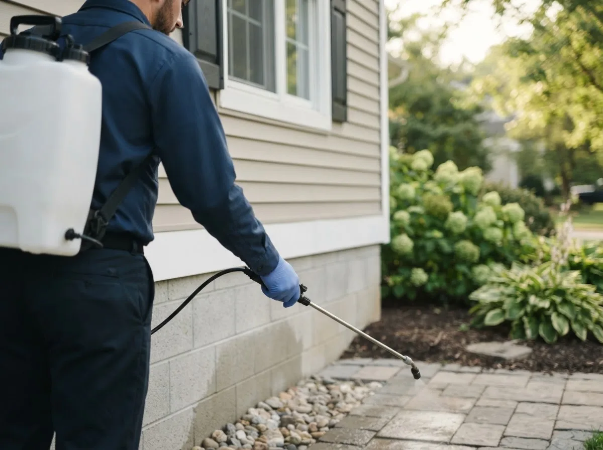 Pest control technician inspecting a home in Helena, OH